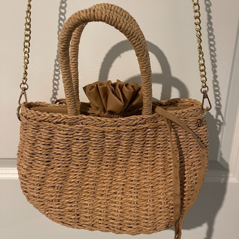 Straw Drawstring Mini Bucket Handbag - image 1